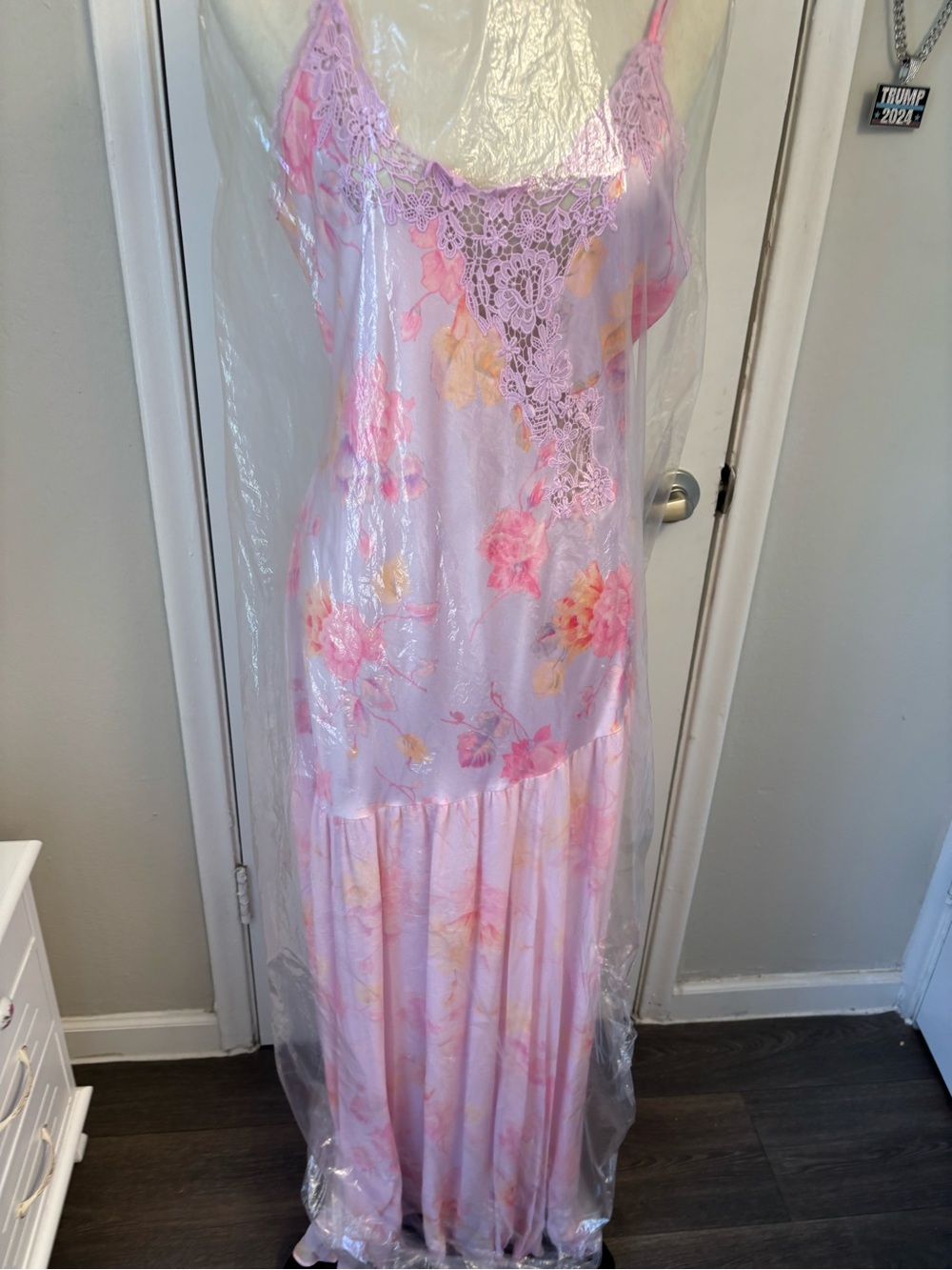LoveShackFancy Pastel Pink Floral Lace-Trim Maxi Dress